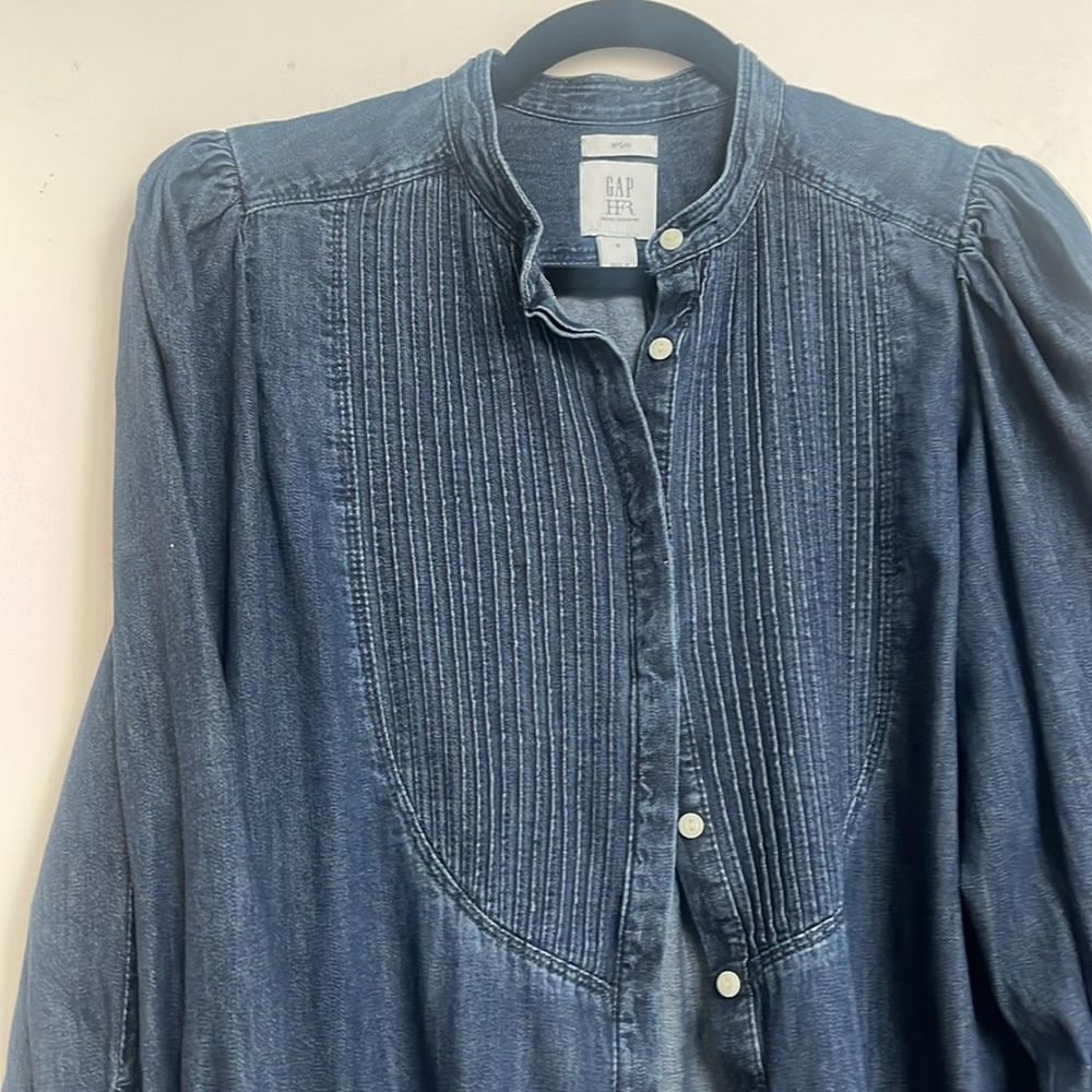 GAP Blue Button Down Shirt with Mandarin Collar and 3/4 Sleeves - Picture 6 of 10